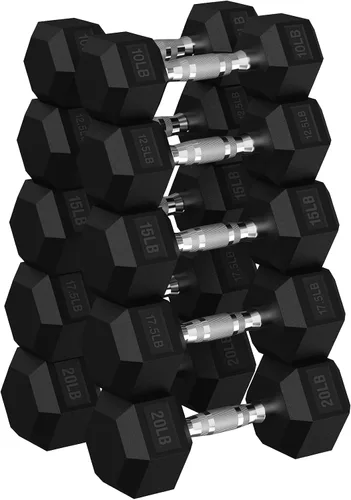 Miniatura 22 de Juego de mancuernas hexagonales con estante, juego de mancuernas de ejercicio y fitness con revestimiento de goma de 720 libras, peso de mano