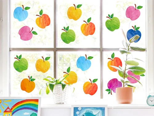 Whaline 9 hojas coloridas de manzanas para ventana, calcomanías de doble cara para ventana de regreso a la escuela, manzanas de acuarela,