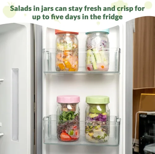 Miniatura 6 de SOLIGT Paquete de 4 tarros de ensalada de vidrio con tapas para preparación de comidas, recipiente a prueba de fugas para el almuerzo, con vasos