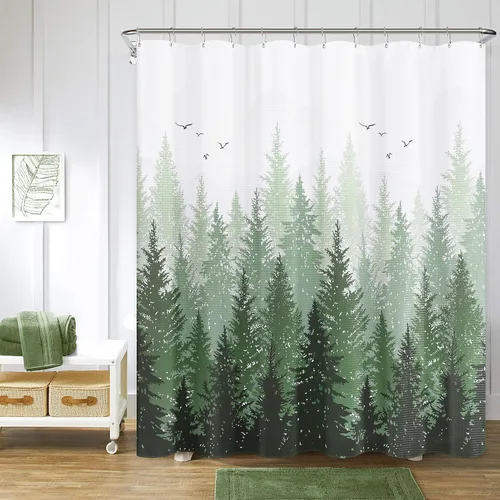 Miniatura 22 de Hokibero Cortinas de Ducha de Tela con Diseño de Bosque Brumoso Azul, Montaña, Naturaleza, Árbol para Baño, Impermeables, Resistentes, Azul Marino