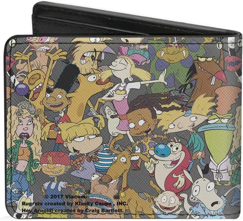 Miniatura 2 de Nickelodeon Buckle-Down Pu Bifold - Billetera de personajes de Nick 90's Rewind Mutli, collage gris bi plegable, rebobinado de muestra de níquel
