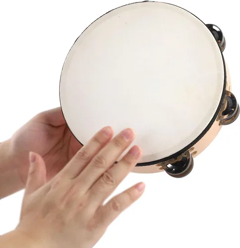 Miniatura 6 de Pandereta de 8 Pulgadas con Parche de Piel de Cabra y Concha de Haya, 6 Pares de Sonajas de Metal, Pandereta de Mano para Adultos, Ideal para Danza
