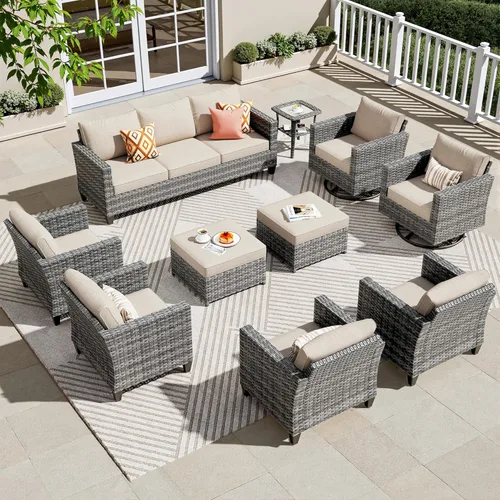 Miniatura 23 de ovios Juego de muebles de patio de 8 piezas, sofá de mimbre para exteriores con sillas giratorias, mecedora con cojines cómodos, juego de Beige