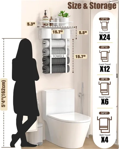 Miniatura 6 de Toalleros para baño montados en la pared - Juego de portotoallas de pared para baño sobre almacenamiento del inodoro, organizador de estante