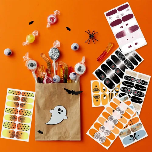 Miniatura 4 de 12 hojas de tiras de esmalte de uñas de Halloween con lima de uñas, telaraña, telarañas, envolturas de uñas para uñas cortas, calcomanías de uñas