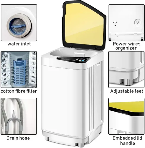 Miniatura 4 de Mini lavadoras portátiles completamente automáticas, capacidad de carga de 7.7 libras, con luz giratoria y barril integrada para dormitorios