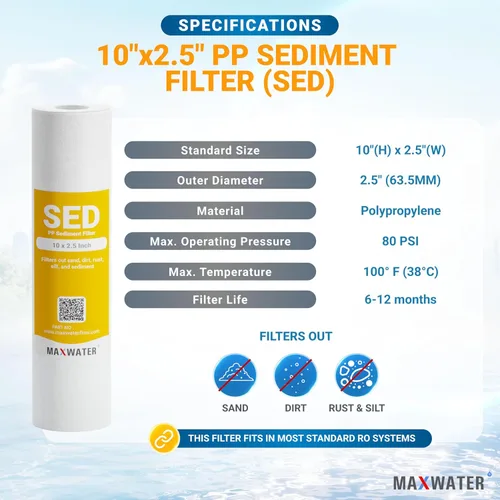 Miniatura 2 de Max Water Cartucho de filtro de agua de sedimentos de repuesto de 10 x 2.5 pulgadas, 5 micrones para toda la casa, fibra de filtración soplada por