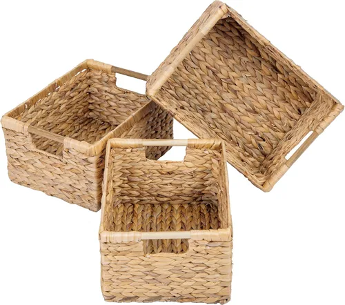 Miniatura 13 de Cesta de hierba marina natural con mango de madera, cesta de mimbre rectangular mediana para sala de estar, 12.2 x 8.9 x 6.7 pulgadas, paquete de 3