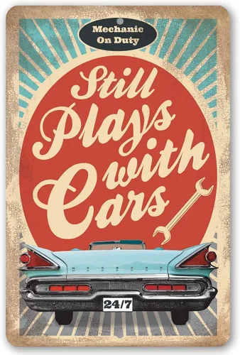 Letreros divertidos de garaje para hombres, todavía juega con autos, letrero de metal vintage, uso interior/exterior, decoración de garaje para