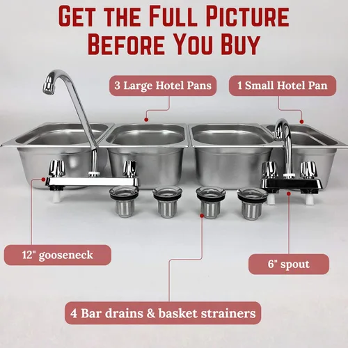 Miniatura 5 de 3 grandes + 1 pequeño lavado a mano, fregadero de acero inoxidable con 4 compartimentos Portable 3 Large + 1 Small sink with Dual faucet, bar