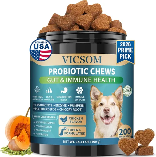 Probióticos para perros, 200 probióticos suaves masticables para perros, salud digestiva, salud intestinal y sistema inmunológico, con 6 probióticos