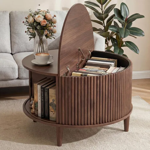 Miniatura 8 de DUMOS - Mesa auxiliar elevable, mesa central con almacenamiento, mesas cuadradas para sala de estar con estantes ajustables, modernas mesas de Madera