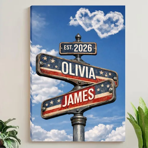 Miniatura 27 de Póster de Lienzo de Señal de Calle Vintage con Nombre Personalizado para Pareja, Póster de Lienzo de Señales de Calle de Encrucijada con Fecha
