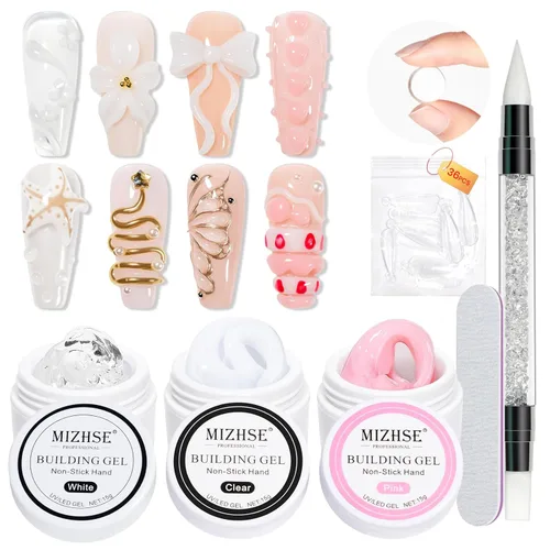 Miniatura 12 de MIZHSE Gel Constructor Claro y Sólido para Uñas, 30g Gel Constructor Duro para Extensión de Uñas Sin Pegamento, Arte de Uñas 3D para Esculpir