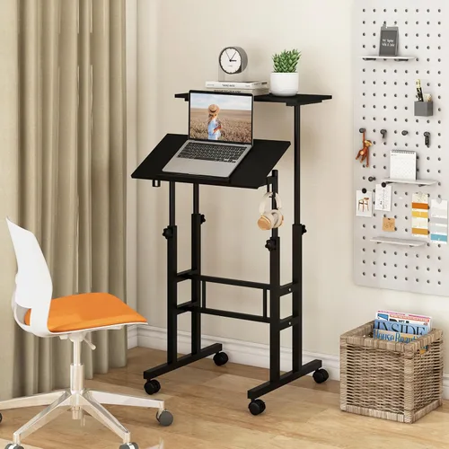 Miniatura 2 de Tangkula Escritorio móvil de pie, carrito de podio para laptop de altura ajustable con mesa inclinable y ángulo ajustable, escritorio de computadora