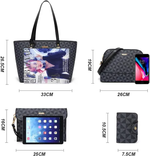 Miniatura 123 de Juego de 4 bolsas modernos para mujer de cuero sintético: bolso tote, bolso de hombro, bolso de mano y cartera.