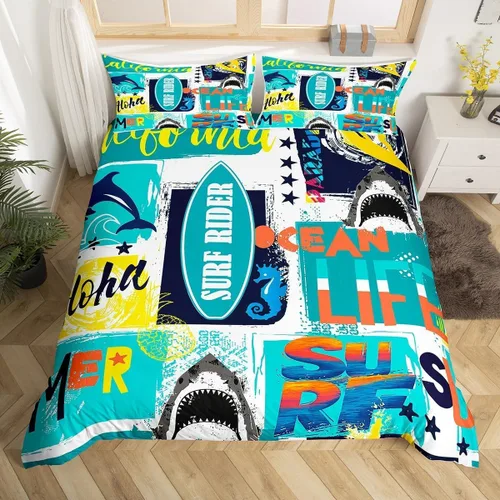 Miniatura 21 de Juego de funda de edredón para niños con diseño de gato lindo, tamaño individual, juego de ropa de cama con hojas de flores, luna, noche y cielo