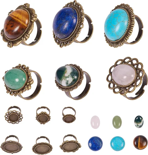 Miniatura 14 de SUNNYCLUE 16 piezas DIY 8 juegos de anillos bisel en blanco piedra natural cabujones estilo antiguo anillo de dedo ajustable componentes en blanco