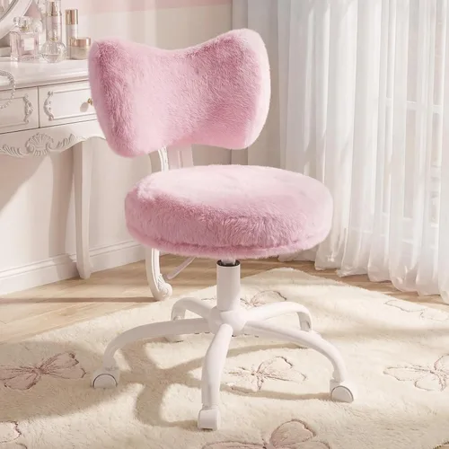 Miniatura 13 de Homkdom Silla de tocador con ruedas, bonita silla de escritorio con respaldo de lazo, silla de oficina pequeña de piel de conejo sintética esponjosa