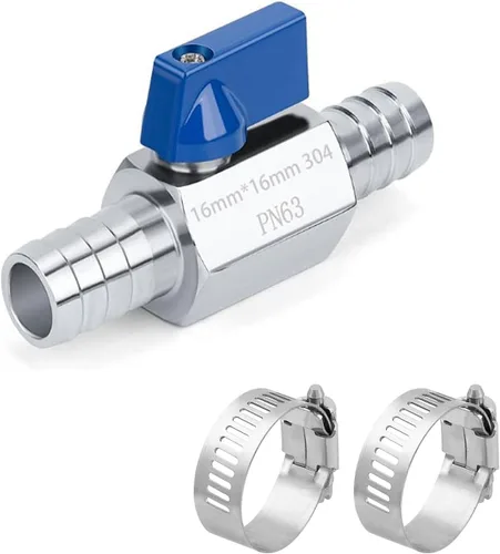 Miniatura 12 de Paquete de 2 mini válvulas de bola de acero inoxidable 304 con púas de identificación de manguera de 1/2 pulgada, kit de abrazaderas para agua