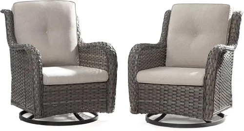 Miniatura 26 de Juego de 2 sillas de patio giratorias de 360 grados para exteriores y mesa auxiliar a juego – 3 sillas deslizantes de mimbre para patio con cojines