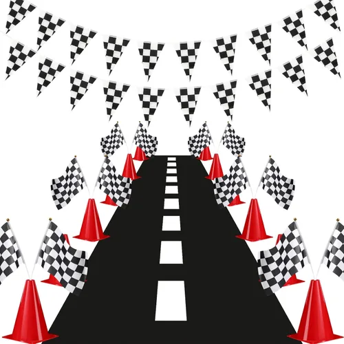 Miniatura 9 de Skylety Juego de conos de tráfico y banderas a cuadros de carreras, incluye 12 conos de tráfico de plástico, 12 banderas con palos, banderín a Azul