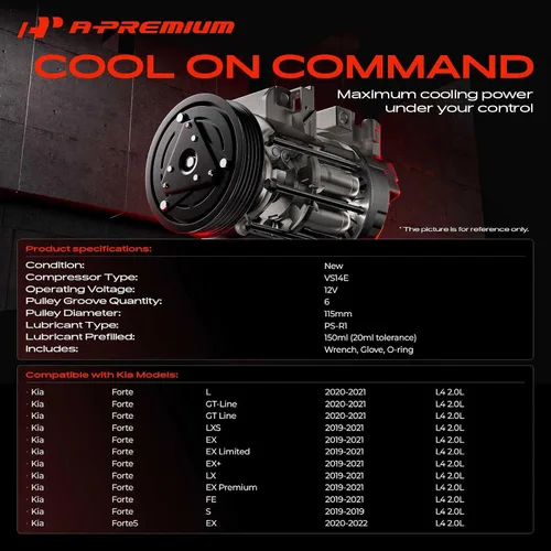 Miniatura 2 de A-Premium Compresor de A/C con embrague compatible con Kia Forte 2.0L 2019-2021, Forte5 2.0L 2020-2022, con compresor VS14E, VIN: D