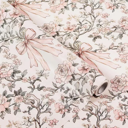 Ywdbzjhs 1 rollo de papel de regalo de lazo rosa y flores, 17 pulgadas x 33 pies, papel de regalo con lazos florales vintage coqueta, para San