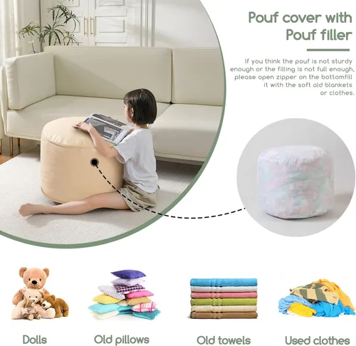 Miniatura 4 de HIGOGOGO Puf redondo de relleno otomano, pufs de piel sintética con relleno de trozos de espuma, puf peludo y esponjoso, otomano de almacenamiento