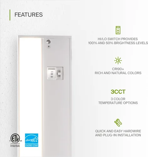 Miniatura 3 de ASD Iluminación LED de 45 cm para debajo del gabinete enchufable o cableada, interruptor alto/bajo/apagado, 8W 120V 3 CCT 2700K/3000K/4000K CRI90+