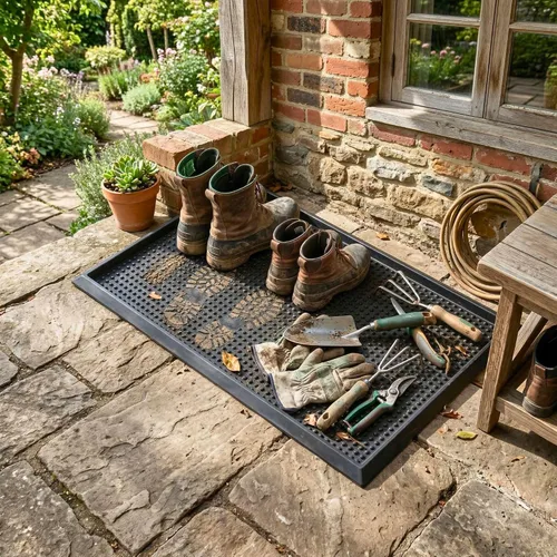 Ottomanson Bandeja de goma antideslizante para interiores y exteriores, fácil de limpiar, impermeable, 16 x 32 pulgadas, bandeja negra