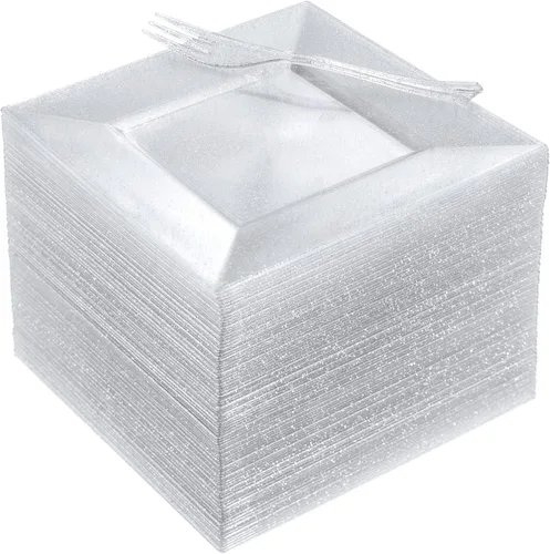 Miniatura 14 de DaYammi 200 platos de postre dorados, incluyendo 100 platos de aperitivo de 6 pulgadas, 100 tenedores de plástico de 5.7 pulgadas, platos cuadrados