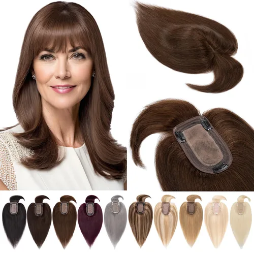 Miniatura 24 de SEGOHAIR Toppers de cabello humano real con flequillo, 2.8 x 5.1 in, base de seda con clip, piezas superiores de Wiglet añaden volumen, 6 pulgadas
