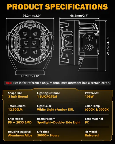 Miniatura 4 de Auxbeam - Luces de conducción redondas de 3 pulgadas, laterales, 108 W con DRL ámbar, luz de zanja ultraancha de 270°, 3 modos de luz, blanca, ámbar