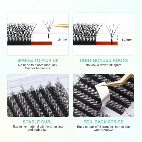Miniatura 4 de NAGARAKU Extensiones de pestañas Double Tips 4D W, suministros con puntas dobles, gruesas con rizado D de 0.07 mm, bandeja mixta 8-15 mm, 0.07-D