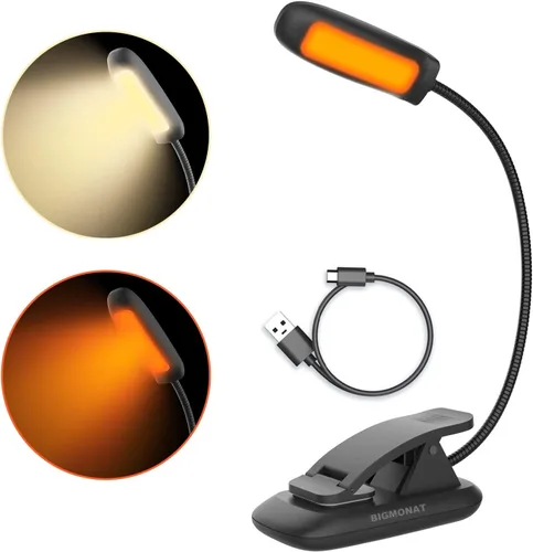 BIGMONAT Luz LED de lectura de libros, luz nocturna de libro ámbar recargable, cuello flexible portátil, USB, brillo ajustable, reduce la fatiga 1