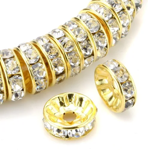 Miniatura 6 de RUBYCA 100 unidades de cuentas espaciadoras redondas estilo Rondelle en tono dorado de 10 mm, cristal checo AB blanco