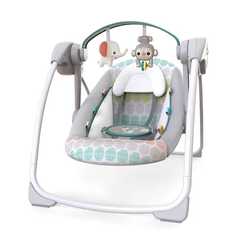Bright Starts Columpio de bebé automático portátil de 6 velocidades con velocidad adaptable, etiquetas, música, barra de juguetes extraíble, 0-9