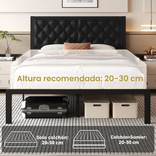 Miniatura 7 de Base de cama Fluest tamaño Queen con cabecero, base de cama tapizada en cuero PU, plataforma con soporte de listones metálicos, base de cama