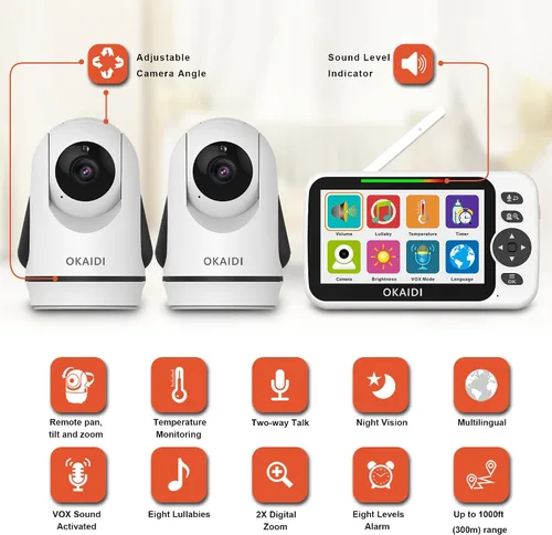 Miniatura 2 de OKAIDI - Monitor de bebé con video y 2 cámaras, pantalla de 5 pulgadas, monitor de bebé sin WiFi, batería de 30H y rango de 300 m, cámara de bebé