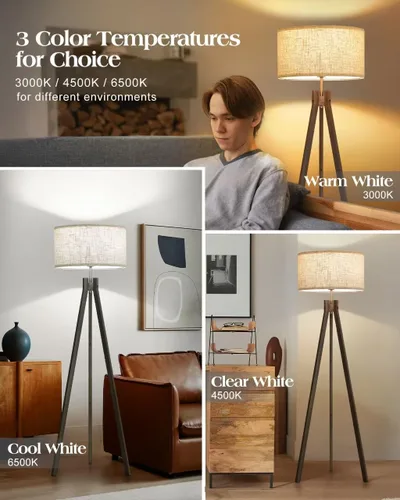 Miniatura 2 de ELYONA Lámpara de pie de trípode de madera estilo granja, lámpara de pie moderna de lectura con bombilla LED de 3 temperaturas de color y pantalla