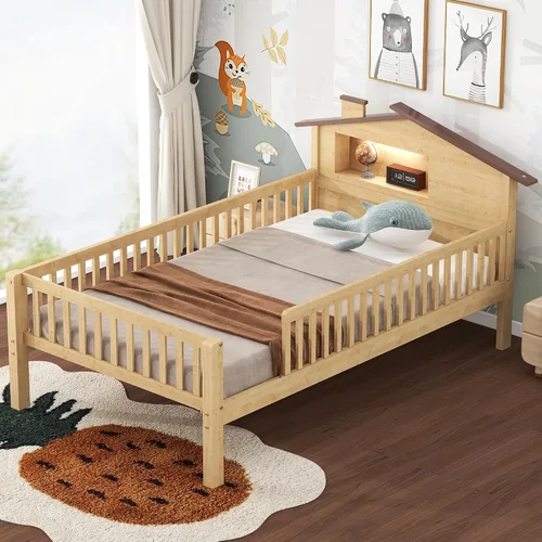 Miniatura 12 de VilroCaz Moderna cabecera de almacenamiento de cama de tamaño individual y barandilla de seguridad para niños, base de cama de plataforma de madera