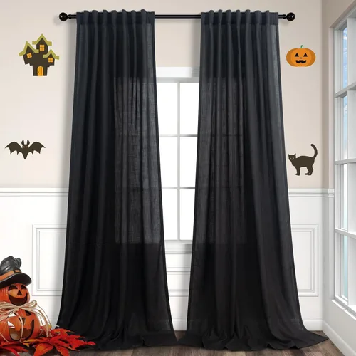 Miniatura 43 de Cortinas de lino azul de 84 pulgadas de largo para sala de estar; juego de 2 paneles con lengüeta trasera; cortinas con dobladillo para barra; Azul