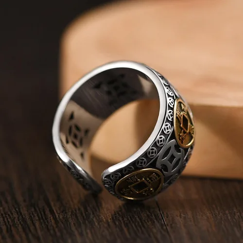 Miniatura 4 de Anillo de plata 925, anillo chino de la suerte con dinero antiguo, adecuado para joyas ajustables para hombres