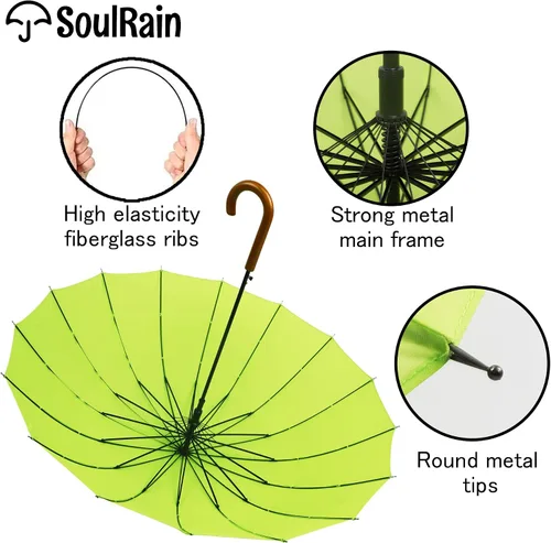 Miniatura 40 de SoulRain Paraguas de palo de 16 varillas de 48 pulgadas, apertura automática, color sólido, moderno y simple, mango de madera clásico de arco