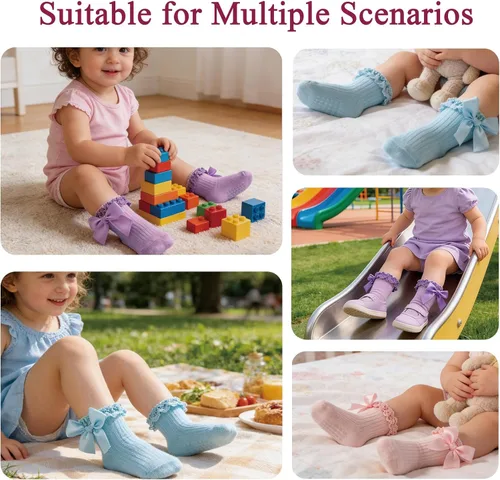 Miniatura 6 de Calcetines para bebé niña con agarre antideslizante con volantes con lazos, algodón suave, calcetines con empuñaduras para bebé recién nacido
