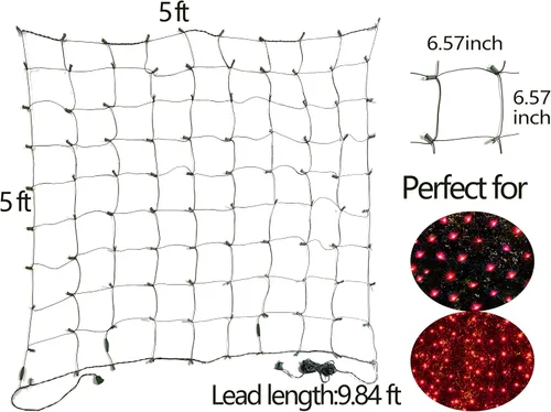 Miniatura 7 de HISHINY Red de luces LED rojas de Navidad para exteriores, cable verde de 100 luces LED de 5 x 5 pies, cable verde conectable para interiores y Rojo