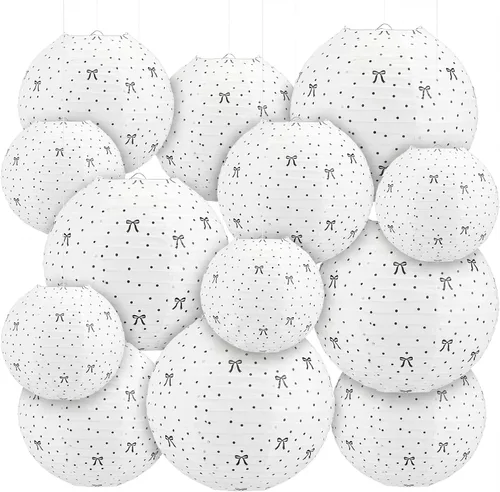 Miniatura 9 de Treela Paquete de 6 linternas de papel en blanco y negro de 8 pulgadas redondas con patrones de lunares a rayas para regreso a clases, aula, fiesta