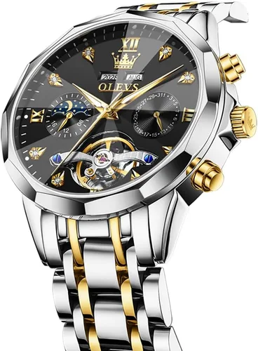 Miniatura 19 de OLEVS Reloj de pulsera automático con diseño de esqueleto para hombre, de lujo, con diamantes de lujo, de acero inoxidable, calendario, reloj