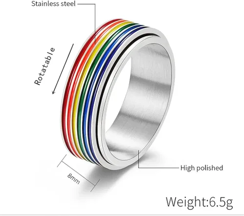 Miniatura 3 de Rotatable Rainbow Stripe LGBT Pride Band Ring for Women Men Teen Girls Couples Bff Anti Anxiety Stress Relief Fidget Spinner Ring Stainless Steel